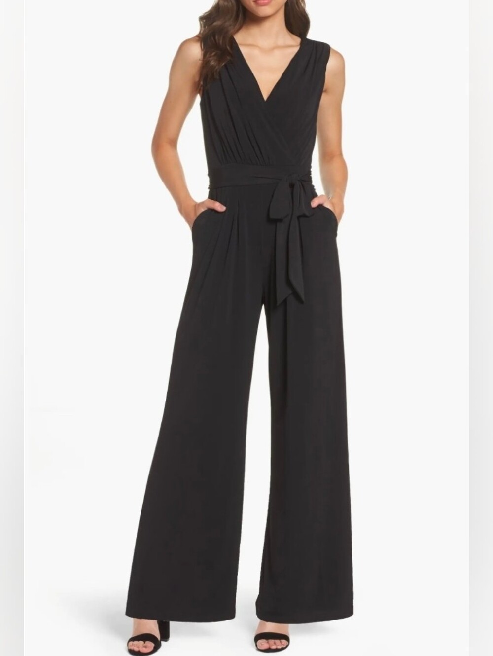 Vince Camuto Sleeveless V-Neck Black Jumpsuit with Waist Tie, Size M